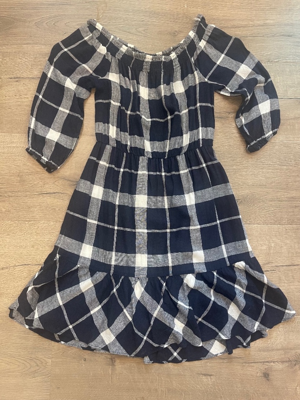 "Navy Plaid Off Shoulder Linen Blend Blouson Dress" by Label by Five Twelve